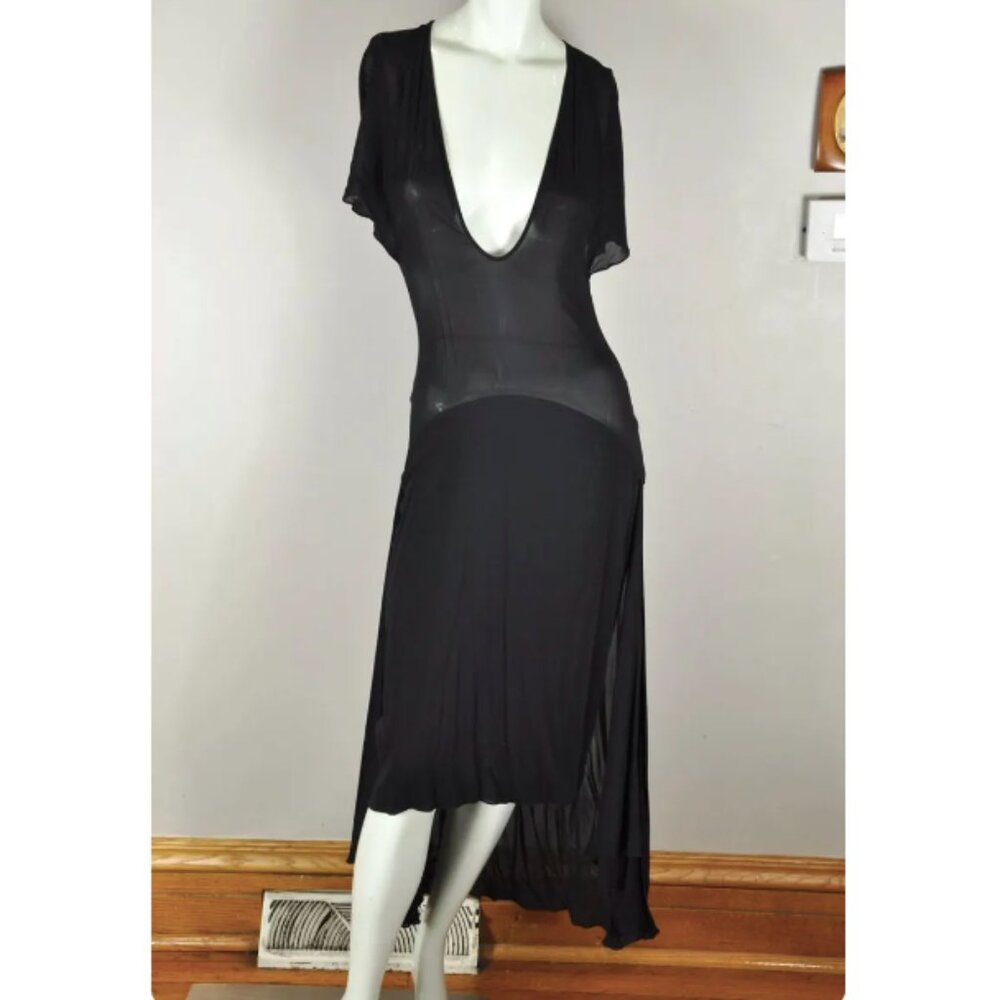 Vintage Black Silk Deep-V Scoop Neck Semi-sheer Drop Waist Asymmetrical Dress